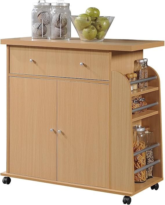 Hodedah Beech Kitchen Cart with Spice Rack
