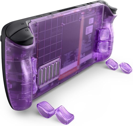 eXtremeRate Interchangeable Back Buttons Shell for Steam Deck LCD & OLED, Replacement Ergonomic Fingers Grip L4L5 R4R5 Back Shell for Steam Deck - 2 Height Adjustable Buttons - Clear Atomic Purple