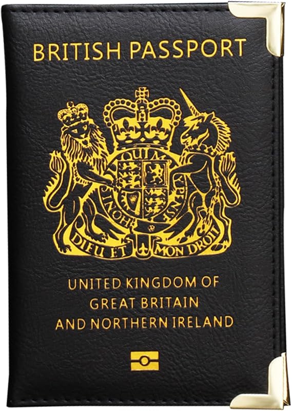 British Passport Holder | UK Passport Wallet | UK Passport Cover for Travel Business Cards Credit Cards and Boarding Passes | Non EU | Premium PU Leather | Gold Protective Corners | Black