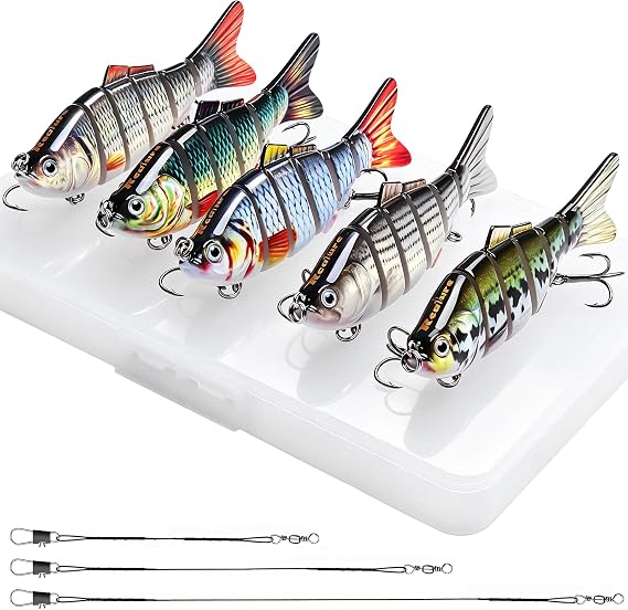 Realure 5 Pack Multi Jointed Pike Predator Swimbaits, 10.2cm 14g Slow Sinking Lures with Treble Hooks, 15/25/30cm Anti-Cut Wire Traces Kit for Freshwater Lakes Rivers Saltwater