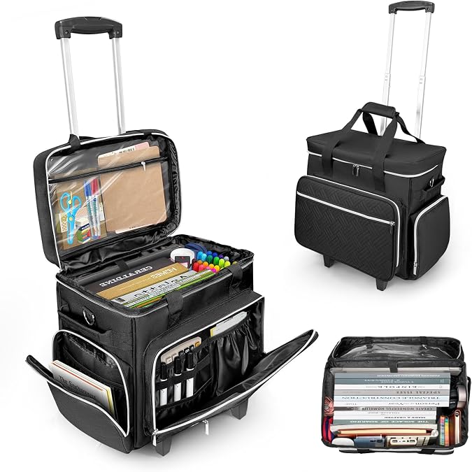 LIWSHWZ Rolling Teacher Tote Bag,Wheeled Teacher Bag with Detachable Dolly & File Teacher Tote