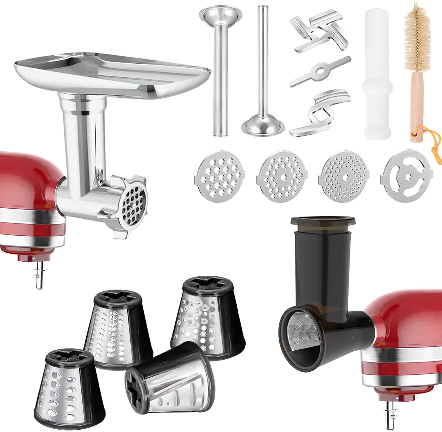 KitchenAidスタンドミキサー用ミートグラインダー&スライサーシュレッダーアタッチメント ミートグラインダー 2サイズソーセージスタッファーチューブと4種類のスライサーシュレッダーコンビネーションセット 肉のミンチ/食品の刻み用