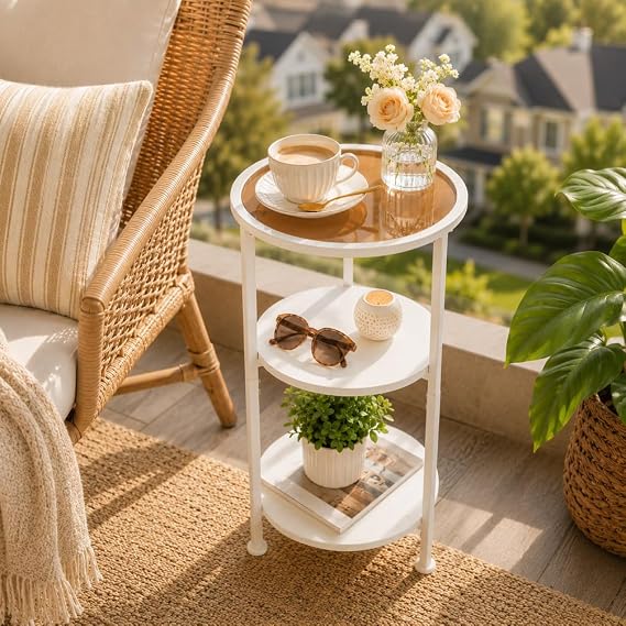 3-Tier Round Side Table with Amber Tempered Glass Top,White & Amber