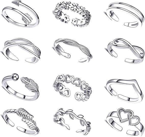 12Pcs Adjustable Open Toe Rings for Women - Silver Plated Stackable Minimalist Foot Jewelry for Everyday Wear