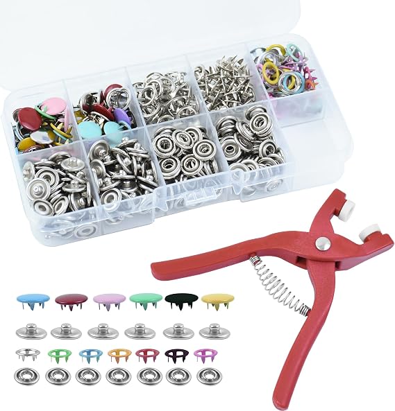 100 Set Snap Button Fastener Kit, Metal Snaps Buttons with Fastener Pliers Press Tool Kit Five Claw Buckle Tool Set Press Studs Snap Fasteners No Sewing Poppers Fasteners for Sewing Diy Crafts Clothes