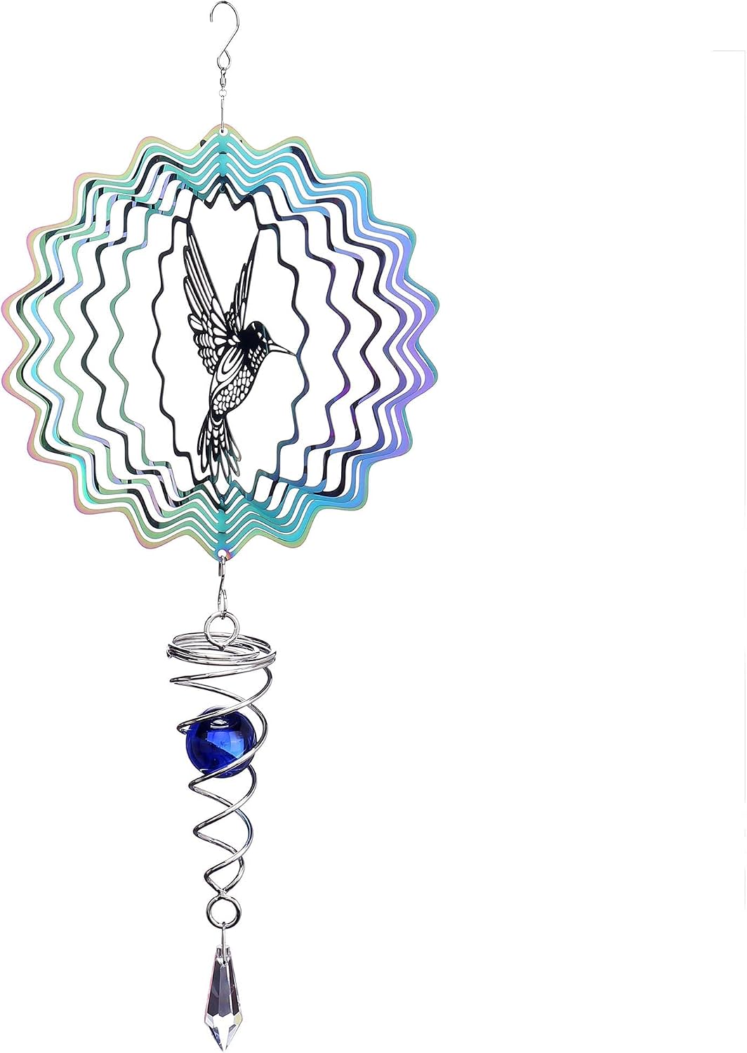 Lpraer Hanging Wind Spinner 6 Inch Stainless Steel 3D Colorful Kinetic Mandala Wind Spinner With Ball Spiral Tail for Outdoor Yard GardenHummingbird