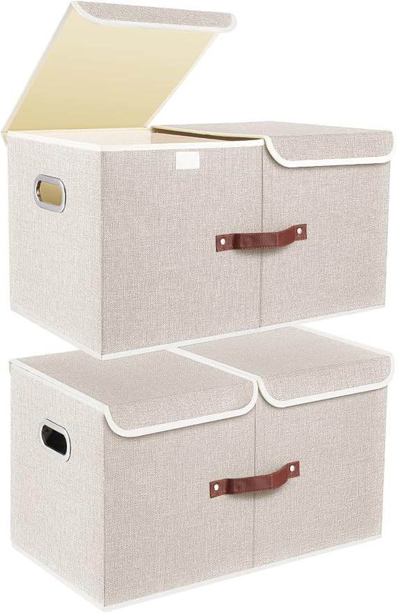 TYEERS Extra Large Storage Box with Lid and Compartments Fabric Foldable Washable Box Storage with Lid 55 x 33 x 30 cm Pack of 2 Beige
