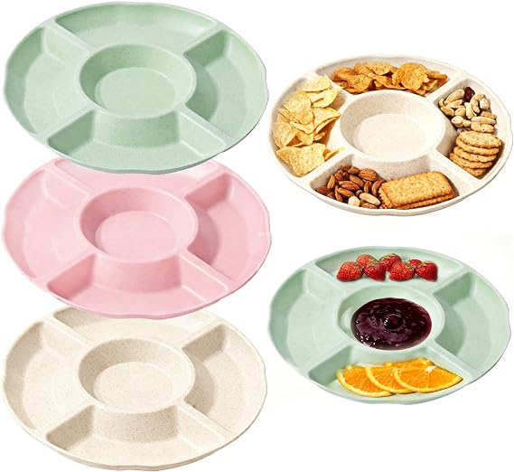 5 Pcs Serving Platters, Unbreakable Snack Trays with 5 Sections, Reusable PP Serving Trays for Candy, Fruits, Nuts, Snacks, Perfect for Party and Entertaining, Dishwasher Safe