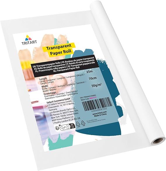 Tritart Translucent Tracing Paper Roll - 25m x 70cm (82 ft x 27.6") - 50 GSM Large Roll of Transparent Flipchart Paper - Pattern Paper for Dressmaking, Sewing, Drawing for Kids