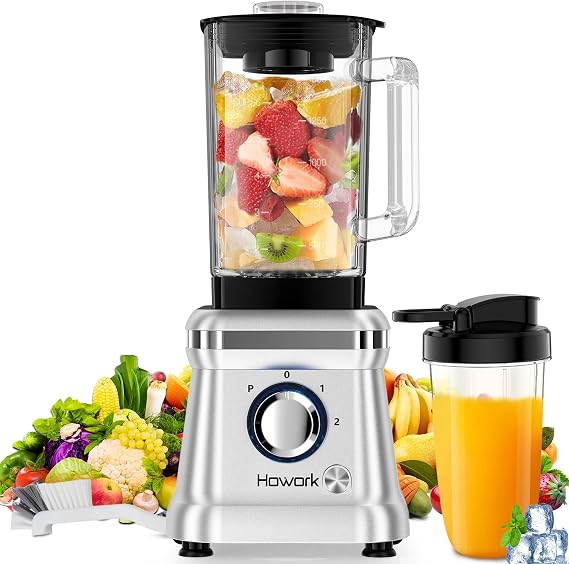 Howork Stand Mixer High Performance Mixer 1200 W Mixer Smoothie Maker 1.6 L Stand Mixer Glass 2 Speed Levels + Pulse Function 6 Stainless Steel Knives with 400 ml Travel Cup and Brush (Silver)