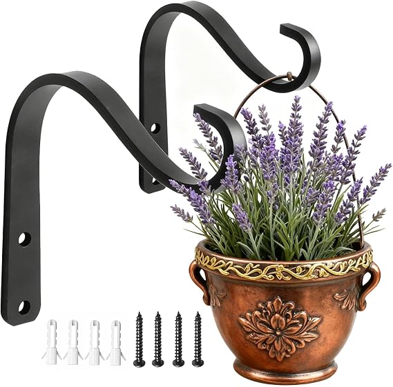 2 Pack Hanging Basket Brackets Outdoor,Small Hanging Basket Hooks Hanger | Black Plant Hanger Iron,for Wall Garden Lantern Fence Post Bird Feeder Wind Chimes,Indoor Hanging Basket Halloween Christmas