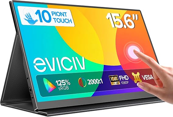 EVICIV Portable Monitor Touchscreen 15.6 Inch 125% sRGB 1080P 2000:1 Matte Portable Screen 10 Point Touch Screen Eye Care with VESA & Leather Case HDMI USB C for Laptop/Phone/Game Console