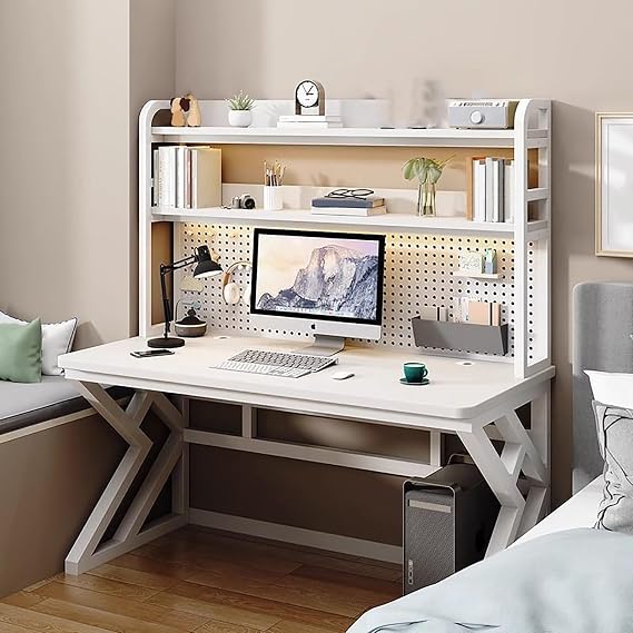 Computer Desk with pegboard, Gaming Desk with Bookshelf Combination, Large Writing Desk with Desktop Shelf and Ample legroom for Home Office White,100cm