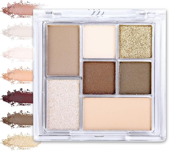 Nude Eyeshadow Palette, 7 Colour Matte Glitter Eyeshadow Brown Grey Nude Eyeshadow Earth Neutral Long Lasting Highly Pigmented Waterproof Shimmer Eye Shadow Pallets for Women