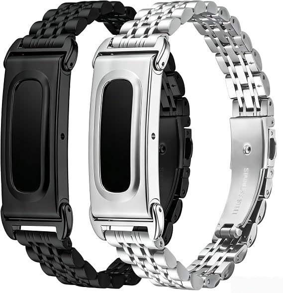ステンレススチールメタルバンド Google Fitbit Air対応 2個パック 交換用腕時計ストラップ ブラック+シルバー 調節可能なメタルリンクブレスレットリストバンド 男女兼用 5.5~8.1インチの手首にフィット