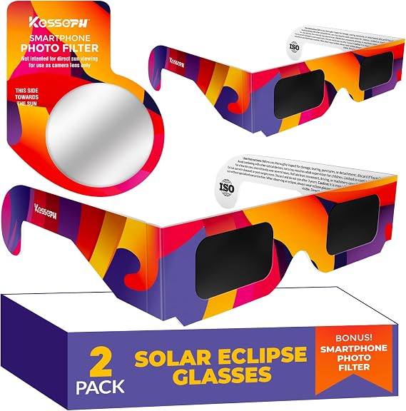 Solar Eclipse Glasses Approved 2026, (2 Pack) CE and ISO Certified Solar Eclipse Observation Glasses, Safe Shades for Direct Sun Viewing, Bonus Smartphone Photo Filter Lens, colorful wave design