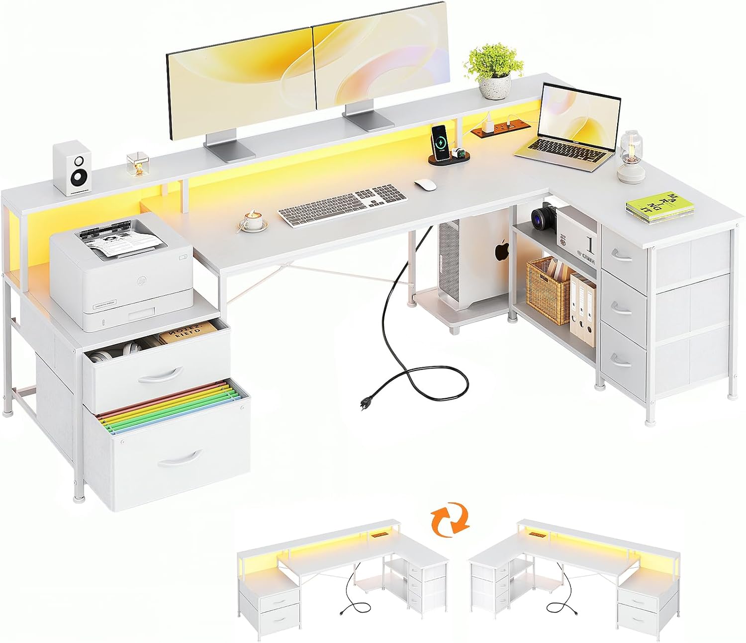 VERMESS L Shaped Desk with 5 Drawer, 74" Computer Desk with Power Outlet, Home Office Desk with Storage Shelves & File Drawer, Gaming Desk with Led Lights, White