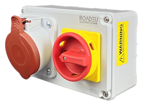 RoadEu - CEE Socket 32A 5-Pin with Main Switch 0-1 - Three-Phase Power Distribution IP44 Wall Mounted - with Access Lock - for Workshop, Construction Site, Industry