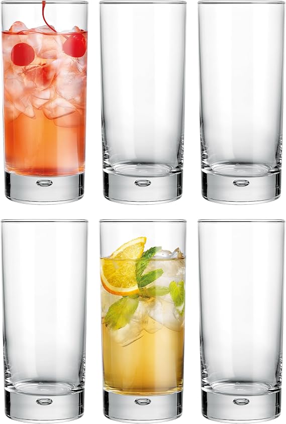 Highball Drinking Glasses, Set of 6, 17 oz, with Air Bubble in Base, Clear