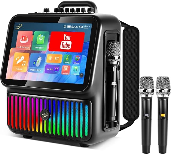 Karaoke Machine，Portable Bluetooth Karaoke Speaker with 2 Wireless Microphones，DJ Lights for Home Party Gathering, Karaoke Microphone Wireless PA System Supports