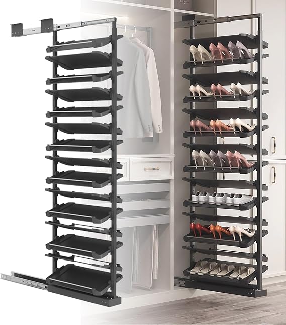 10-Tier Adjustable Pull-Out Shoe Rack - Heavy Duty Closet Organizer for Wardrobe Cabinet Storage, Smooth Sliding System, Fits 54-58.6IN (Black)