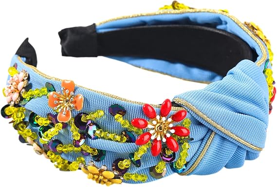 QTMY Yapay Elmas Kristal Geniş Saç Bantları Düğüm Türban Moda Vintage Saç Bandı Elastik Saç Çemberleri Kadınlar Kızlar için Saç Aksesuarları (Mavi)