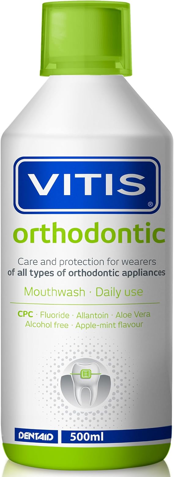 Vitis Orthodontic Mouthwash 500ml - Alcohol-Free Mouthwash for Braces, Gum Protection & Oral Hygiene, with Fluoride, CPC & Aloe Vera, Apple Mint Flavour