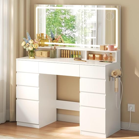 WOLTU Dressing Table with 110 cm Wide LED Mirror & 5x Magnifying Mirror