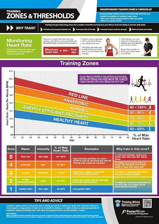 Training Zones & Thresholds Gym Poster, Large A2 (594 mm x 420 mm), Includes Online Video Training Support - Exercise & Fitness Gym Workout Charts