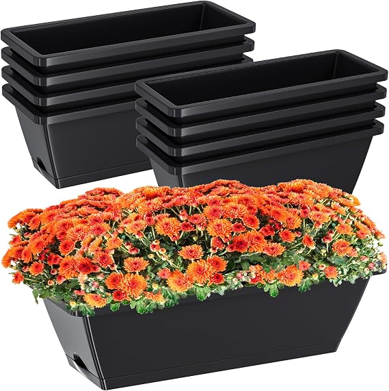 Rectangle Window Boxes Planters 8pcs, 17 Inches Long Window Sill Planter Box Outdoor, Plastic Rectangular Window Flower Box Indoor, Herb Pots with Drainage Holes and Trays for Garden Windowsill