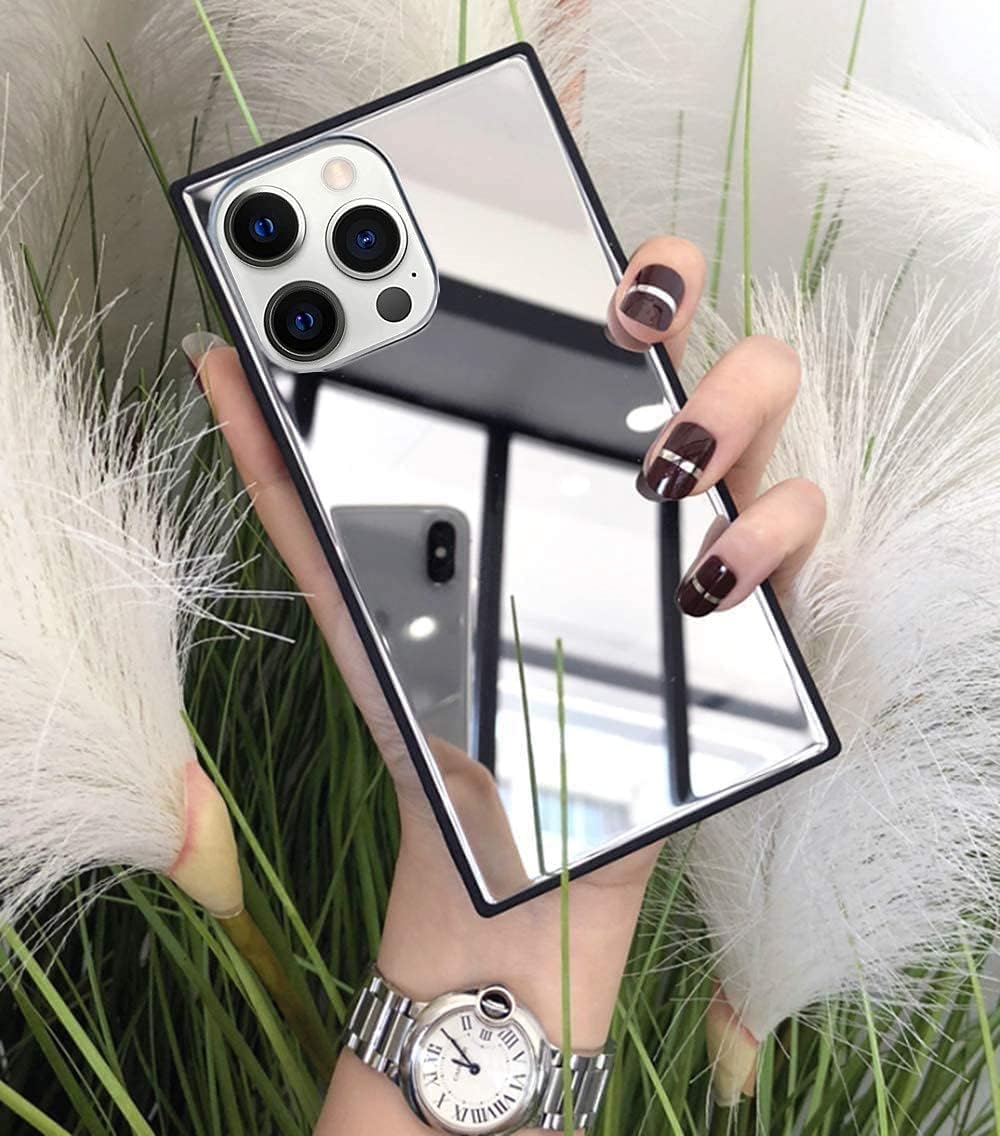 YTanazing Compatible with iPhone 15 Pro Max Case Mirror Case,Luxury Glass Glossy Rectangle Mirror Shockproof Smooth Hard Case with Soft Silicone Bumper TPU Frame for iPhone 15 Pro Max 6.7 inch