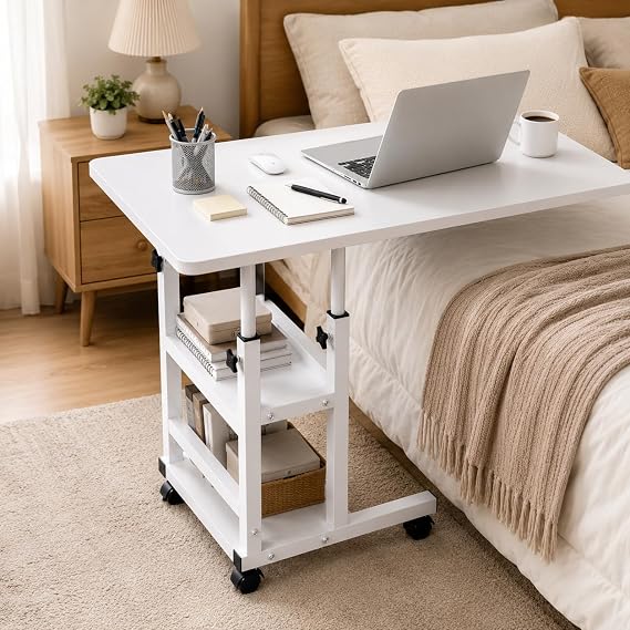 C Shaped Overbed Table,Height Adjustable Bedside Table with Wheels,80x40cm Rolling Laptop Desk,60-85cm Adjustable Side Table with 2 Storage Shelves,Mobile Bed Table for Sofa Bedroom Living Room,White