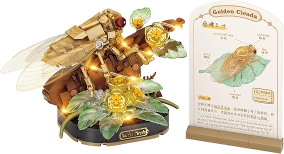 MEIEST Insect Flower Building Blocks Set,Colorful Construction Building Bricks Toy with a Science Popularization Card,Creative Home Decoration (Golden Cicada)