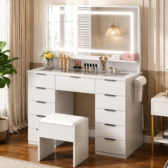 Mondeer Dressing Table with LED Mirror, 11 Drawers, Charging Station