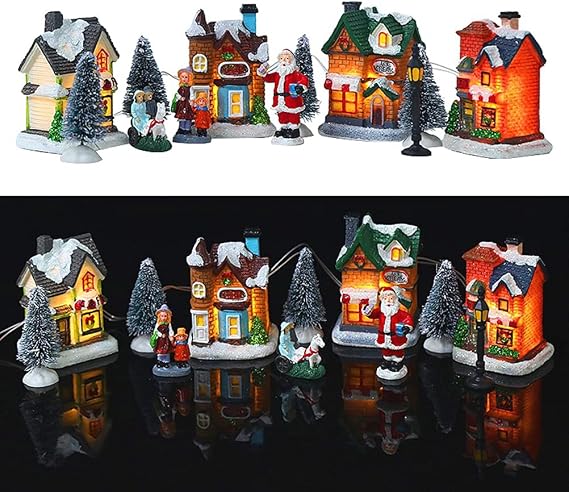 Christmas Village Set,LED Christmas Village House,10Pcs Resin Christmas Scene Village, LED Lighted Miniature Houses Town, Christmas Figurines Ornament