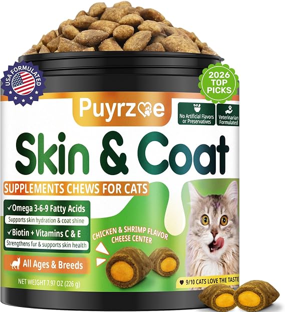 Puyrzoe Cat Skin and Coat Chews, Cat Omega 3 Supplements, 500 Chews