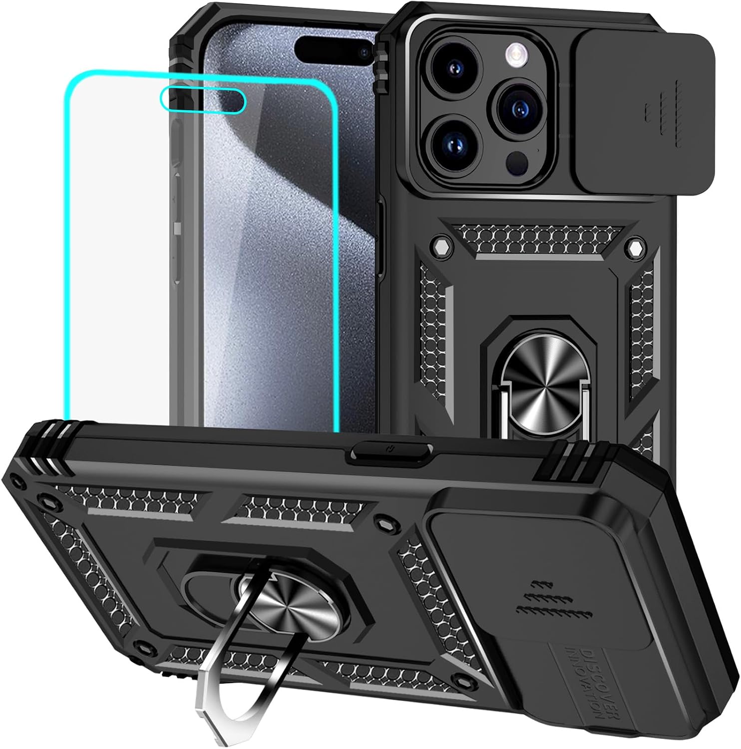 Yiakeng for iPhone 15 Pro Case with Screen Protector: [Military Grade 20ft. Drop Tested] Slide Camera Cover Ring Shockproof Protective Phone Case for - iPhone 15 Pro (Black)