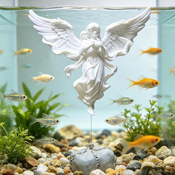 Floating Fish Tank Decorations,Aquarium Angel Decor - White Angel Ornament with Simulated Stone Weight,Betta Fish Tank Decorations,Cool Aquarium Decor for Beginner Fish Tanks