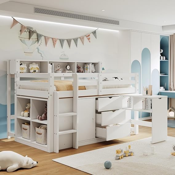 3ft Wooden Cabin Bed with 3 Storage Drawers, Headboard Shelves and Storage Cabinet, 90x190 cm Single Loft Bed with Pull-out Desk and Open Compartments, No Mattress, White