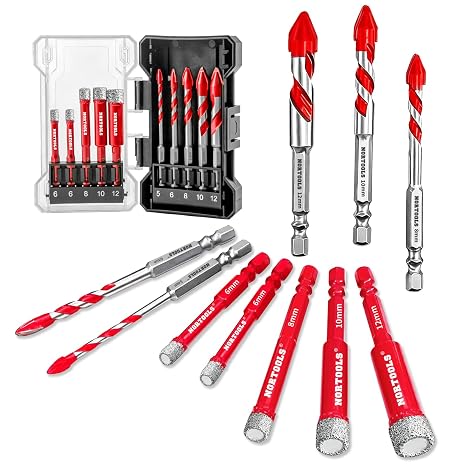 Diamond Drill Bits Set 10PCS, 5 Hole Saws + 5 Solid Bits, Self-Centering Pilot Tip, Hex Shank Tile Drill Bits for Porcelain Ceramic Glass, 5mm-12mm, Cooling Wax, NOT for SDS ﻿