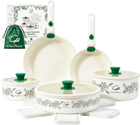 Chef Power Ceramic Cookware Set with Decal, 14 Pcs Pans and Pots Set