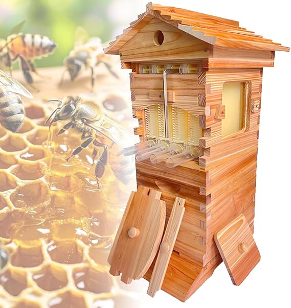 Bee Hive Starter Kit with 4 Auto-Flow Frames & 6 Brood Frames, Complete Wooden Bee Box Featuring Observation Window & Honey Spout, Self-Flow Hive Beehive Starter Kit for Beekeeping