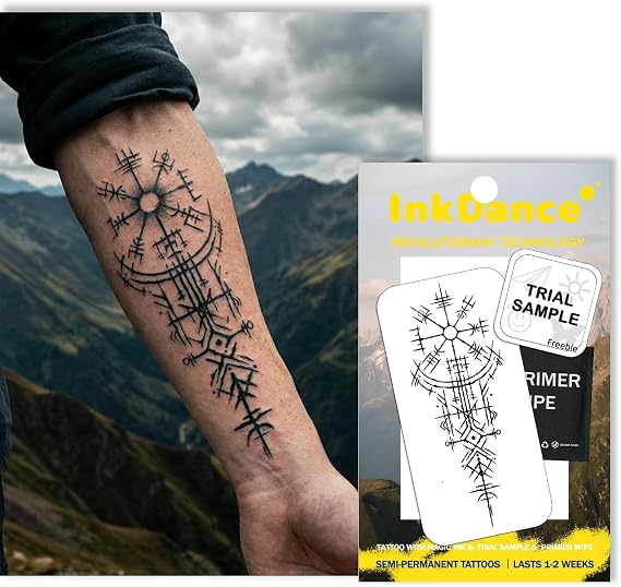 Semi-Permanent Tattoo, Vegvísir Bindrune, Viking Compass, Long Lasting Temporary Tattoos for Men, Waterproof Plant-Based Ink, Lasts 1-2 Weeks, Color Develops in 24 Hours D193