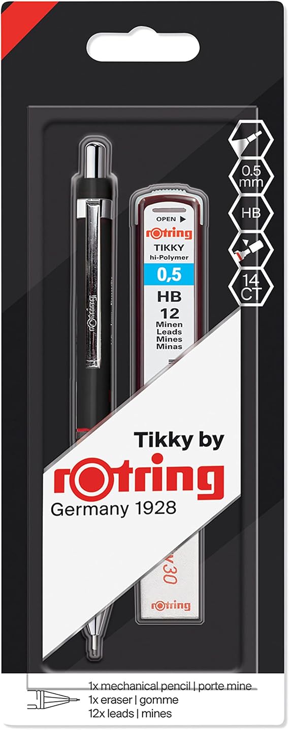 rOtring Tikky Colour-Coded Mechanical Pencil Set | 0.5 mm | with 12 Lead Refills & Eraser