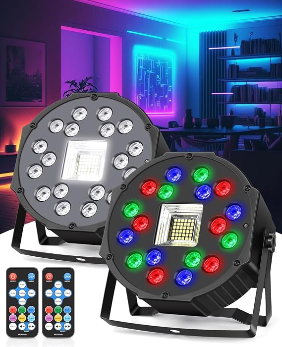 LED Stage Light, RGB LED Strobe Lights Sound Activated DMX Control, 7 Modes Uplighting Lights with Remote Control Stage Lighting, Disco Party Lights for Club,Christmas Party (2PCS) [Energy Class A]