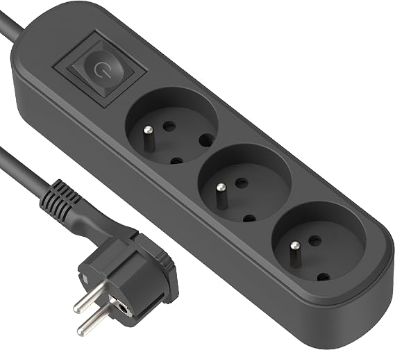 Electraline 32050 – Power Strip with 3 Sockets, Switch and Flat Plug, 1.5 m, Black