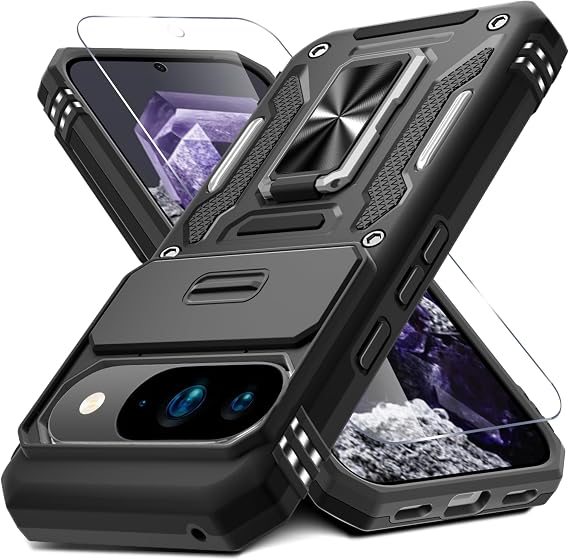 DEERLAMN Google Pixel 10/10 Pro用ケース スライドカメラカバー+スクリーンプロテクター1パック、回転リングキックスタンドミリタリーグレードの耐衝撃保護カバー-ブラック