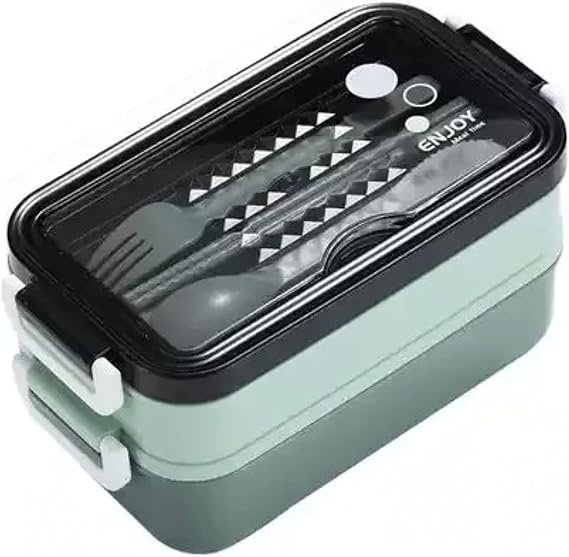Lunch Box (with Compartments) – Lunch Box (BPA-Free) Bento Box – Plastic – Lunch Box Food Work – 3 Compartments with Cutlery Included (Green)