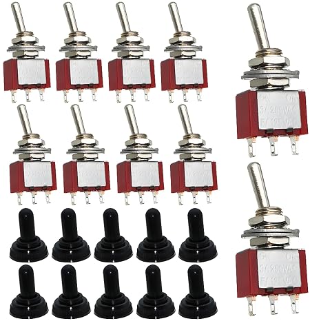 Mini Toggle Switch, Dujelixa Unilateral Reset Switch Electronics 3 Pins 2 Position, 6mm Panel Cut Out MTS-112 Momentary Switch 10 Pcs, Car Van Switch SPDT with M6 Waterproof Cap AC125V 6A(250V/3A)