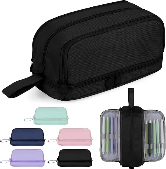 Large Capacity Pencil Case, Pencil Case 4 Compartments with Zipper Portable Handle, Beautiful Stationery Organizer for Boys Girls Teen College Students School Adults & Office Supplies Black